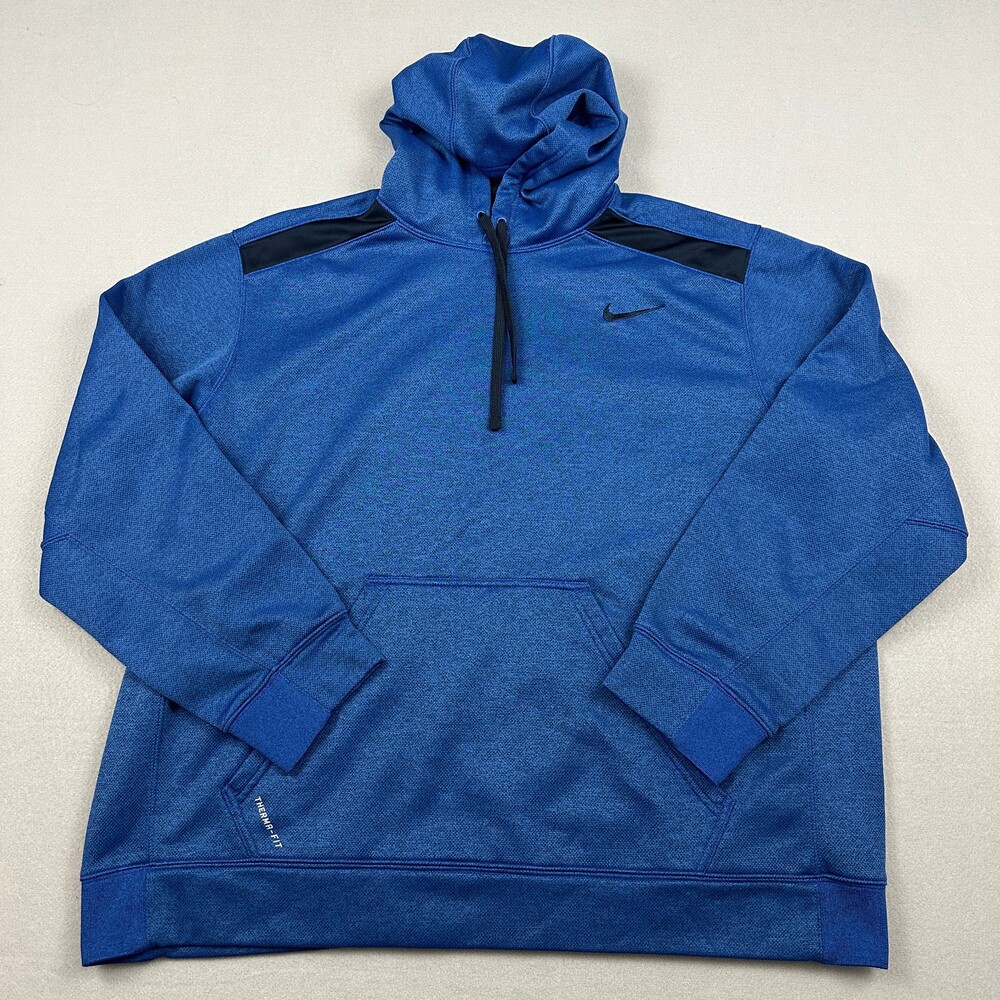 Nike Hoodie Men 2XL Blue Solid Therma Fit Sweatshirt Pullover Swoosh XXL